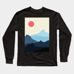 Minimalist Blue and Orange Mountainous Sunset Landscape Long Sleeve T-Shirt